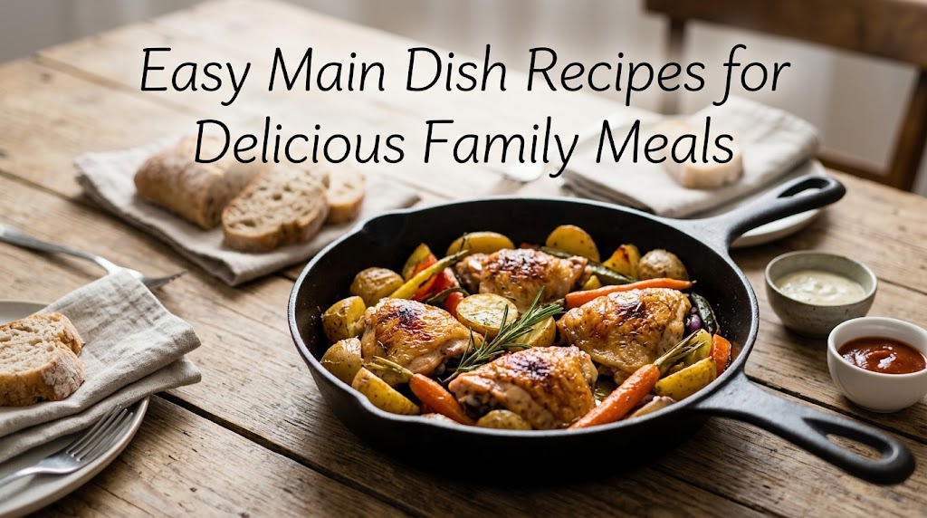 Find easy main dish recipes for family dinners, including garlic butter chicken, creamy tomato pasta, chicken and rice, baked salmon, and vegetable stew.